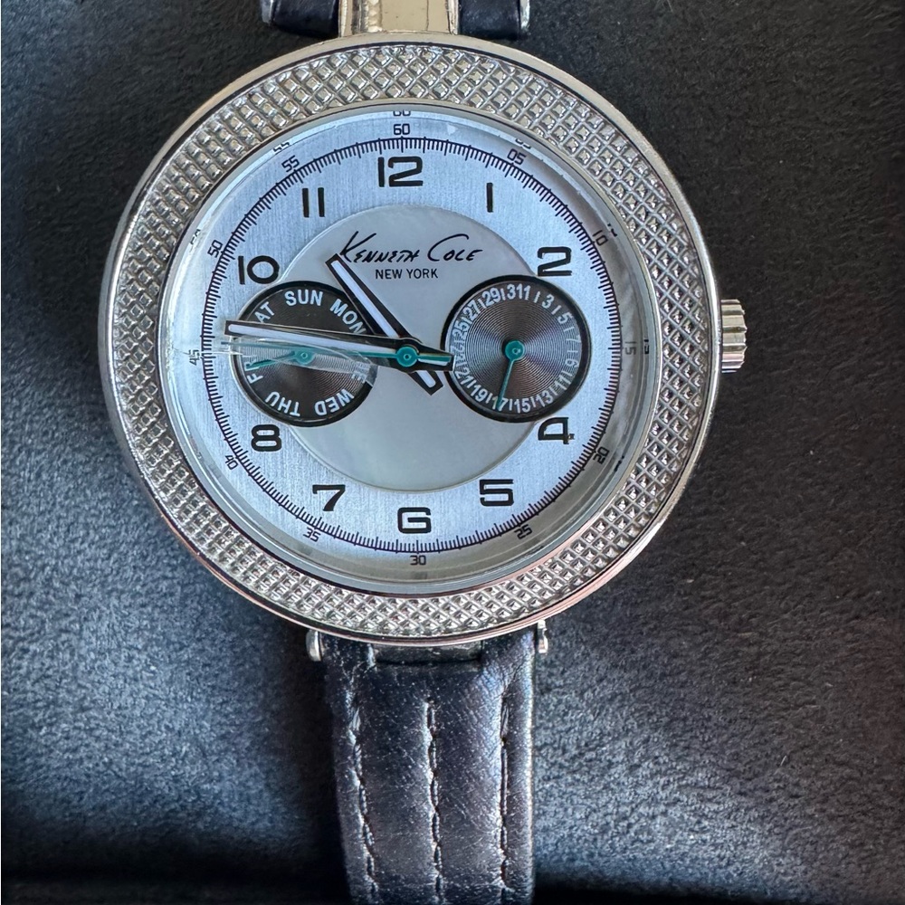 Kenneth Cole Silver and Black Leather Women’s Watch w/Mother of Pearl Face